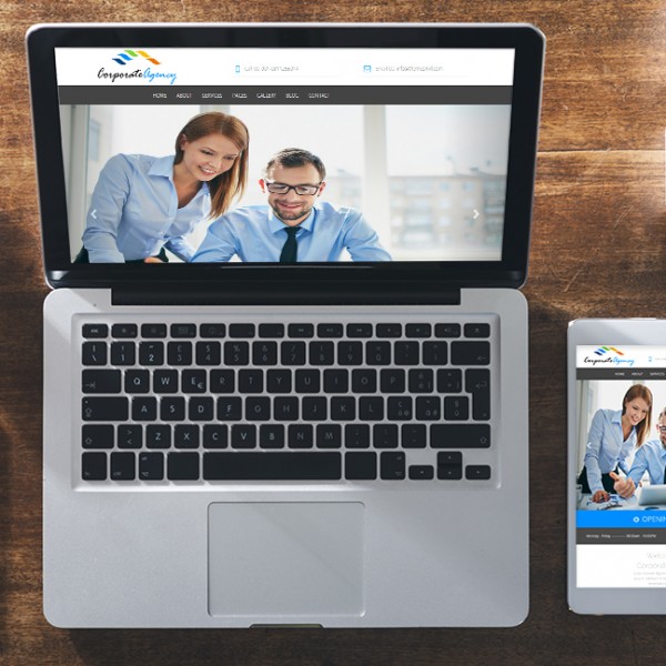 Start up corporate identity website on laptop digital tablet and smart phone business desktop